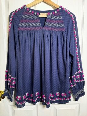 Rungolee Medium Navy Pink Embroidered Boho Peasant Blouse Smocked Folk Top